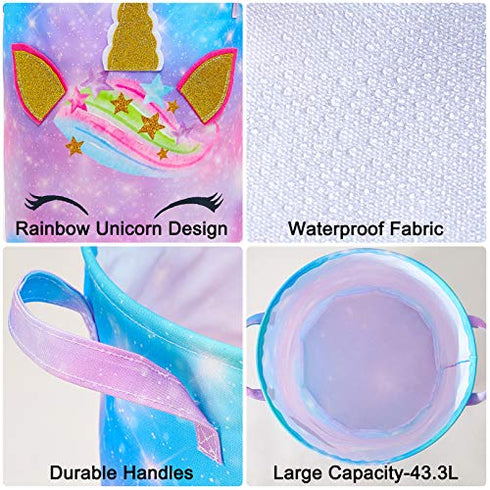 FIOBEE Unicorn Laundry Basket Rainbow Storage Bins Waterproof Nursery Hamper Canvas Toy Organizer for Kids Girls Bedroom Clothes