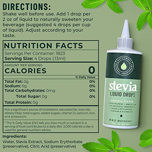 Stevia Liquid Drops, 8 Fl oz, 1823 Servings, Pure Concentrated Liquid Stevia Drops with Zero Calories & Zero Carbs, Delicious Sugar Substitute Great for Keto & Paleo Diets, by Natrisweet