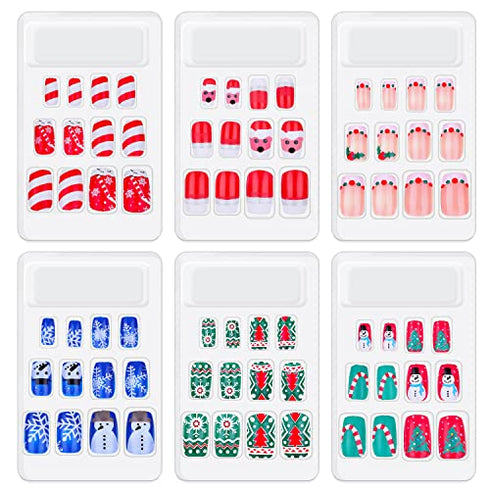 72 Pieces Christmas False Nails Artificial Fake Short Fingernails Santa Claus and Cute Snowman Decoration with 6 Jelly Glue for Nail Design Salon DIY Decoration, 12 Sizes 6 Boxes