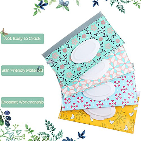 FEBSNOW 4 Pack Baby Wipe Dispenser,Portable Refillable Wipe Holder,Baby Wipes Container,Wipe Dispenser,Reusable Travel Wet Wipe Pouch(Floral)