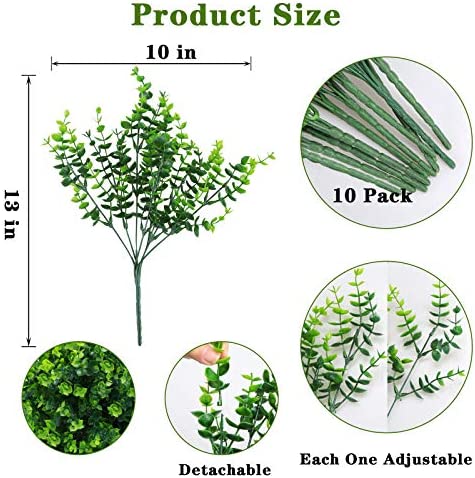 Summer Flower 10 Pack Artificial Boxwood Stems for Outdoors, Unfading in The Sun Plastic Faux Plants,Fake Foliage Shrubs Greenery for Garden,Office,Patio,Wedding,Farmhouse Indoor Decoration