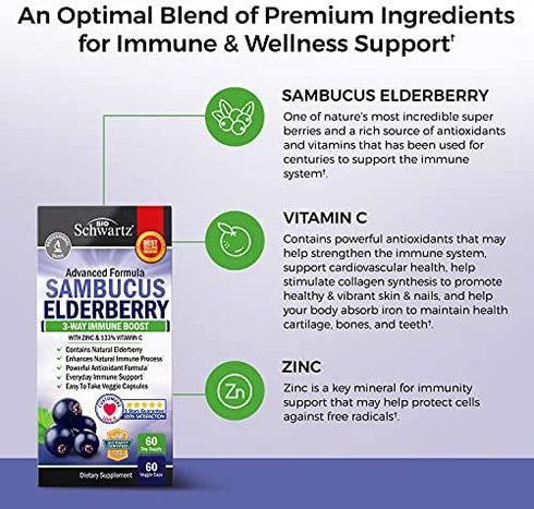 Elderberry with Zinc and Vitamin C for Adults - Immune Support Vitamins for Women and Men Natural Elderberries Black Sambucus Capsules - Immune Defense Multiminerals Supplement, Gluten-Free, 60 Ct