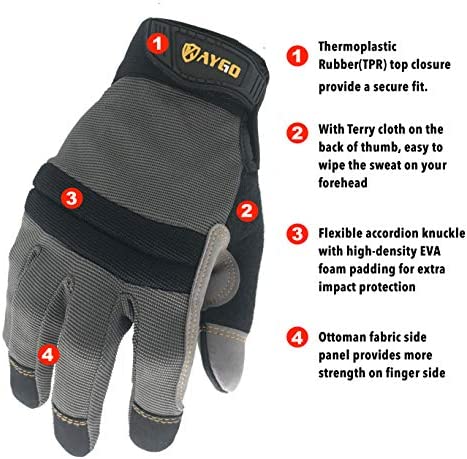 KAYGO Work Gloves For Men, KG125M Mechanic Utility Work Gloves for All Purpose, Excellent Grip, Heavy Duty, Improved Dexterity, Touch Screen