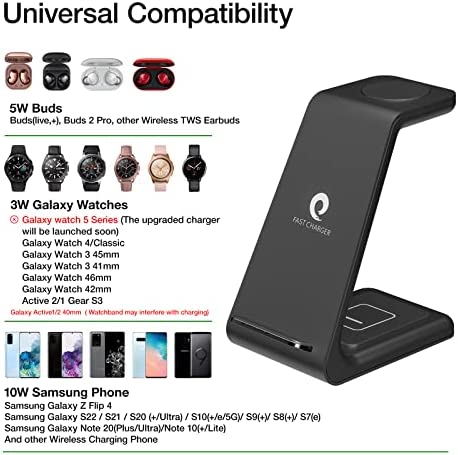 Wireless Charging Station for Samsung, Earteana 3 in 1 Wireless Stand Dock for Samsung S22/S21/S20/S10/Note 20/Note 10, Galaxy Watch 4/3/Active/2/Gear S3, Buds+/Live, 18W QC Adapter Included (Black)