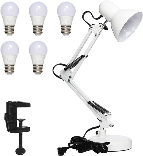 Gupuzm Led Desk Lamp with Clamp - Swing Arm Desk Lamp with 5 LED Cold Light Bulbs 6500K - Folding Table Lamp?Used for Office, Work, Study, Dormitory Reading and Eye Protection Desk Lamp (White)