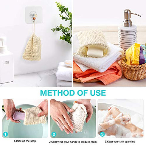 10 Pcs Soap Saver Bag Exfoliating Pouch Mesh and Natural Sisal Soap Bag Ramie Soap Sock Bag Sisal Loofah Net Bags 5 Wall Hooks for Massaging & Scrubbing 5 Wall Hooks