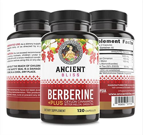 Ancient Bliss Berberine HCL 1200mg with Ceylon Cinnamon, Bitter Melon, and Green Tea Extract - 120 Capsules - Supports Immune System