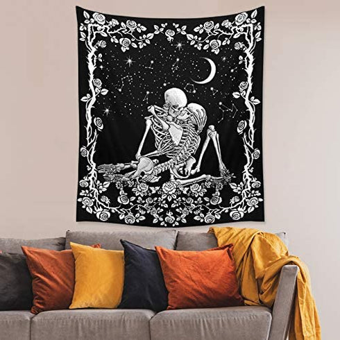 Wonrizon The Lovers Skull Tapestry,Black and White Romantic Constellation Skeleton Tapestries Wall Hanging decor for Living Room Bedroom (51.2”x 59.1”)