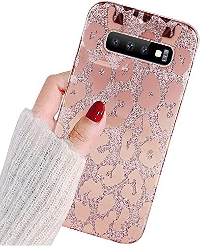 J.west Galaxy S10 Case 6.1-inch, Luxury Saprkle Bling Glitter Leopard Print Design Soft Metallic Slim Protective Phone Cases for Women Girls TPU Silicone Cover Case for Samsung S10 Rose Gold