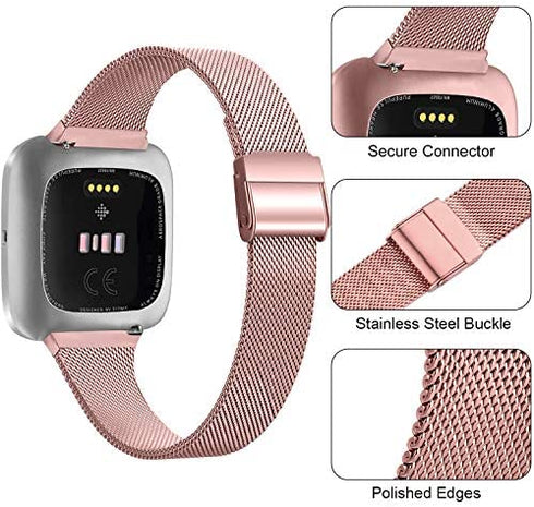 2 Pack Metal Silm Bands for Fitbit Versa 2 & Fitbit Versa & Versa Lite & Versa SE, Stainless Steel Metal Clasp Thin Replacement Bands for Versa 2 Women Men (For 6.7"-8.7" Wrists, Rose Pink+Rose Gold)