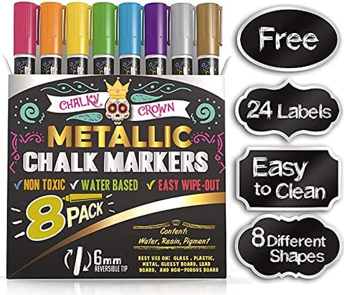 Metallic Liquid Chalk Markers - Dry Erase Marker Pens - Chalk Markers for Chalkboards, Signs, Windows, Blackboard, Glass - Reversible Tip (8 Pack) - 24 Chalkboard Labels Included (Metallic, 6mm)