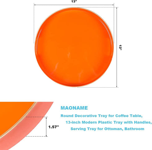 MAONAME 13" Round Tray, Orange Serving Tray with Handles, Modern Decorative Tray for Coffee Table, Plastic Ottoman Tray for Ottoman, Bathroom, Decor