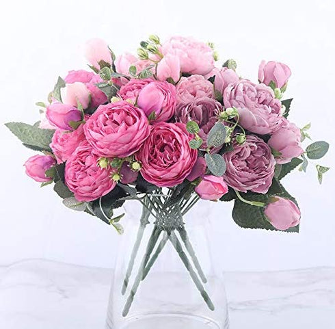 KAHAUL Artificial Flowers Silk Peony Flower Fake Flower Small Pieces Wedding Bouquet Design for Home Store Decoration Indoor&Outdoor (4 Pack, Pink Red)