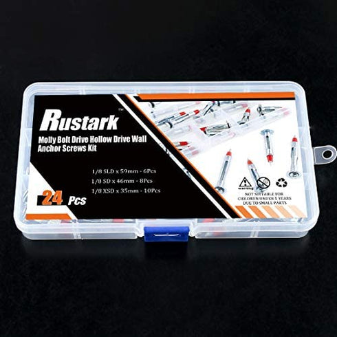 Rustark 24Pcs 35/46/59mm Heavy Duty Zinc Plated Steel Long Molly Bolt Drive Fasteners Hollow Wall Drive Anchor Screws Assortment Kit for Drywalls Hanging Walls Paneling or Ceilings