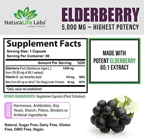 Sambucus Elderberry 5,000 mg Super Concentrated 65:1 with Vitamin C & Zinc - Sambucus Extract Immune Support, Immune Defense| Non-GMO | 90 Veggie Capsules