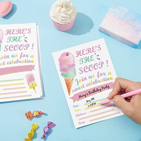 WERNNSAI Glitter Ice Cream Party Invitations with Envelopes - 20 Count Pink Sweet Popsicle Fill in Invite Cards for Girls Birthday Baby Shower Wedding Summer Pool Beach Party Supplies