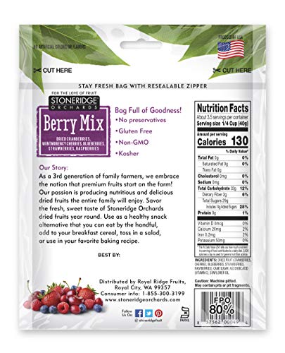 Stoneridge Orchards Whole Dried Berry Mix 5 oz - Cranberries, Montmorency Cherries, Blueberries, Strawberries, Raspberries