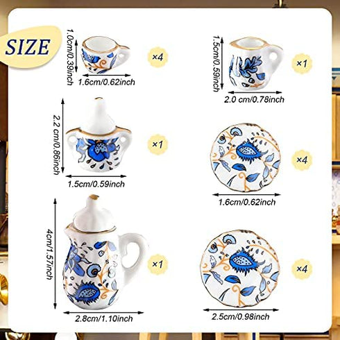 37 Pieces 1:12 Scale Miniatures Dollhouse Kitchen Accessories Include 16 Mini Doll Plates Knife Fork Spoon, 6 Mini Egg Beater Utensil, 15 Mini Tea Cup Set for Doll Toy Supplies (Blue Flower)
