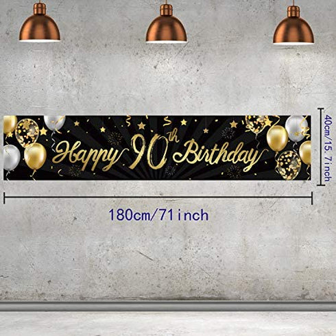 Happy 90th Birthday Banner Sign Gold Glitter 90 Years Birthday Party Decorations Supplies Anniversary Celebration Backdrop