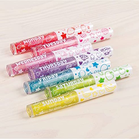 Three Cheers for Girls by Make It Real - 7 Days Glitter Lip Gloss - Flavored Lip Gloss Set for Girls - Strawberry, Raspberry, Vanilla and More! - 7 Piece Lip Gloss Kit