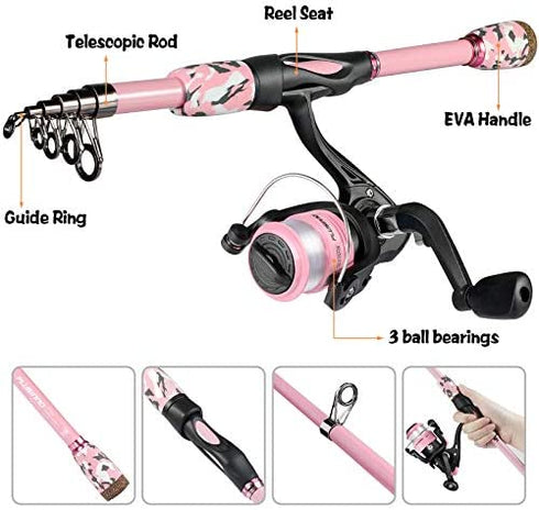 PLUSINNO Kids Fishing Pole, Portable Telescopic Fishing Rod and Reel Combo Kit - with Spinning Fishing Reel Tackle Box for Boys, Girls, Youth