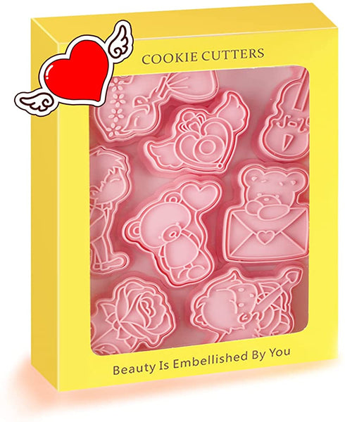 Lovely 3d Valentine's Day Cookie Cutters Set, Angel Heart, Red Rose, Romantic Violin, Couple in Love, Love Letter, Cute Bear, Cupid Arrow for Valentine Party Baking Gift (Pack of 16)