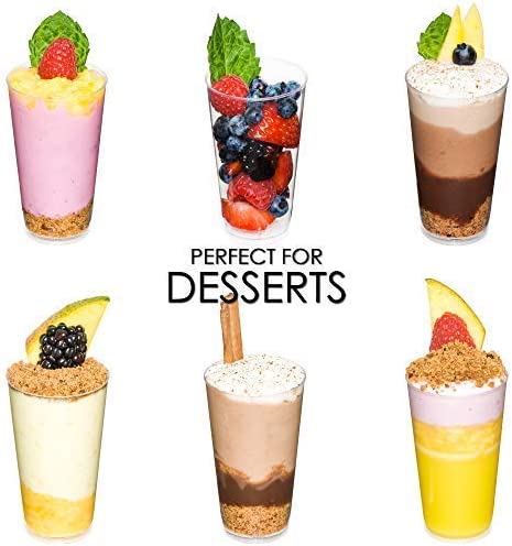 DLux 100 x 3 oz Mini Dessert Cups with Spoons, Shooter - Clear Plastic Parfait Appetizer Cup - Small Reusable Shooter Glass for Tasting Party Shooters Desserts Appetizers - With Recipe Ebook