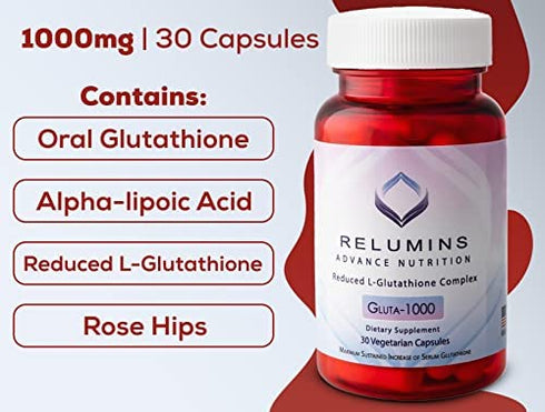 Relumins Advance Nutrition - 1000mg Reduced L-Glutathione Complex 2X More Effective Than Jarrow at Raising Serum Glutathione, Antioxidant - Alpha Lipoic Acid, Rosehips - 30 Veggie Caps