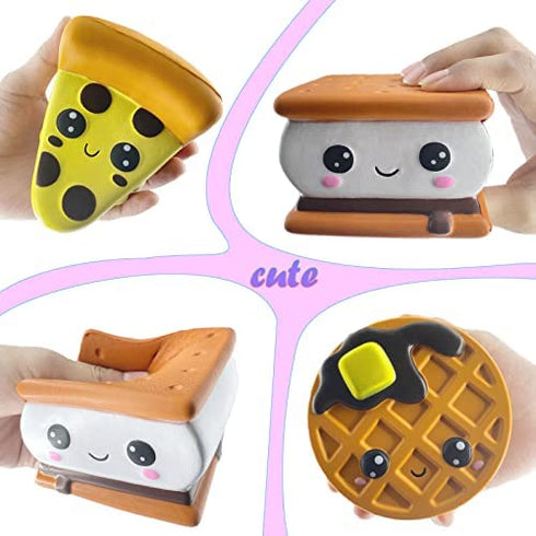 ASMFUOY Slow Rising 4 Pcs Smore Squishies, Cute Birthday Gift for Kids, Big Eyes Smore Pizza Biscuit Waffle Pack Stress Relief Squeeze Toys (Style A)