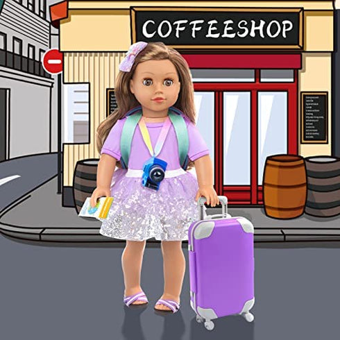 K.T. Fancy 23 pcs 18 Doll Accessories Suitcase Travel Luggage Play Set for 18 Inch Doll Travel Carrier, Sunglasses Camera Computer Phone Pad Travel Pillow Passport Tickets Cashes