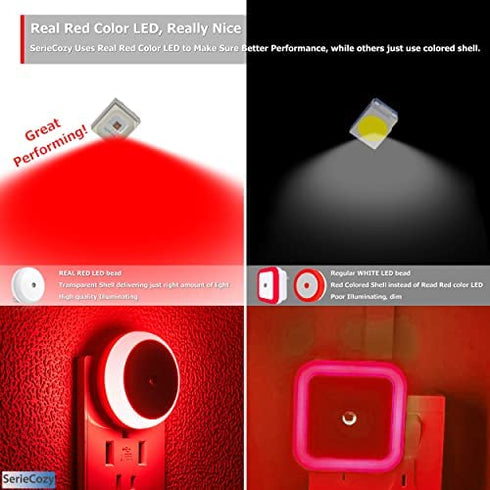 SerieCozy Red Night Light, Plug in Nightlight with Sensor, Diffused Light, Energy Efficient, Night Light Plug into Wall, for Bedroom, Bathroom, Kitchen, Hallway, Kids Room, Stairs, 2 Pack