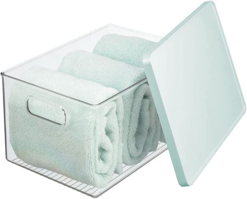 mDesign Plastic Bathroom Under Cabinet Stacking Storage Organizer Bin Box with Lid - Holds Soap, Body Wash, Shampoo, Lotion, Conditioner, Towels, Accessories, Body Spray, Mouthwash - Clear/Mint