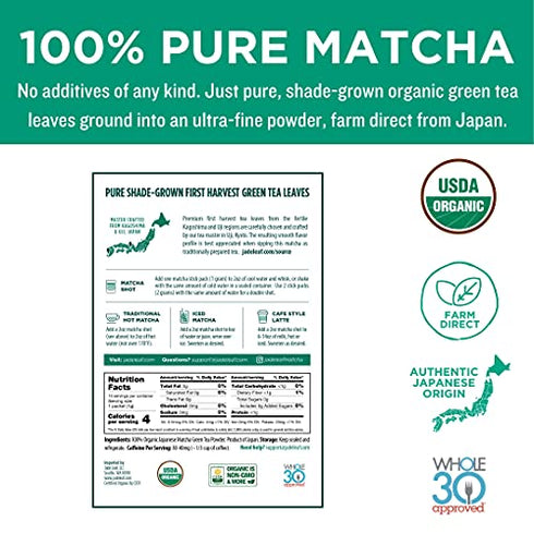 Jade Leaf Matcha Green Tea Powder - Organic Ceremonial Single Serve Stick Packs (10 count)