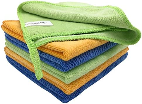 SURPRISE PIE Microfiber Cleaning Cloths 400 GSM Thick Soft Lint Free 12"x12" 6 Pack Green Blue and Orange Reusable Kitchen Towels Dust Cloth Rags for Window Car House Boat Furniture