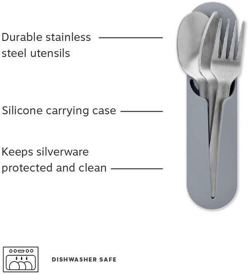 W&P Porter Stainless Steel Utensils with Silicone Carrying Case | Slate | Spoon, Fork & Knife for Meals on the Go | Portable and Compact Set