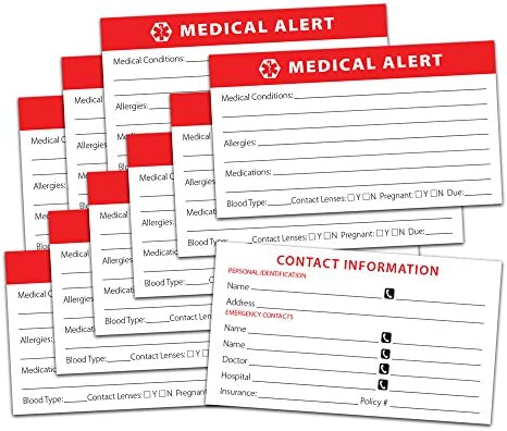 Medical Alert ID Wallet Card - 10 Pack for Emergencies Heavyweight Card Stock Bright Red Easy to Read Made in USA Could Save Your Life by Pill Thing