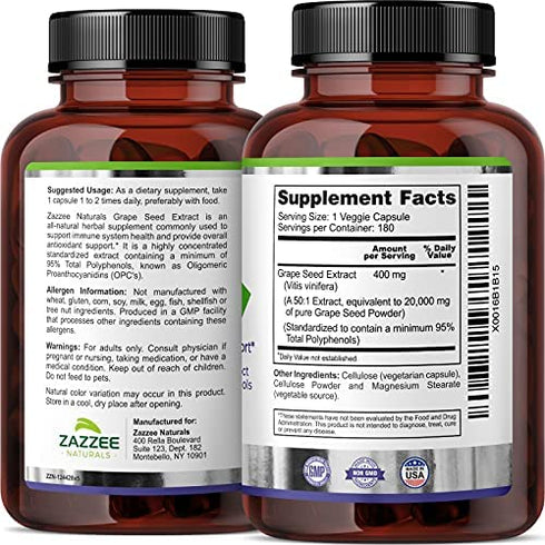 Zazzee Grape Seed Extract 20,000 mg Strength, 180 Vegan Capsules, 95% Polyphenols (Proanthocyanidins), Potent 50:1 Extract, 400 mg per Capsule, 6 Month Supply, Non-GMO and All-Natural