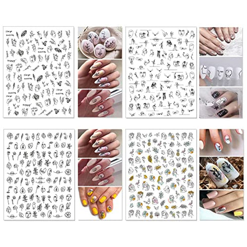 TailaiMei 12 Sheets Abstract Nail Art Stickers, Graffiti Fun Self-Adhesive Nail Decals, Minimalist Art Nail Decoration for Women