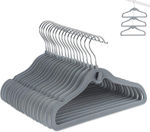 Kids Velvet Clothes Hangers - 30Pcs Baby Hanger Non Slip Space-Saving Cascading Hangers with Rotatable, Grey