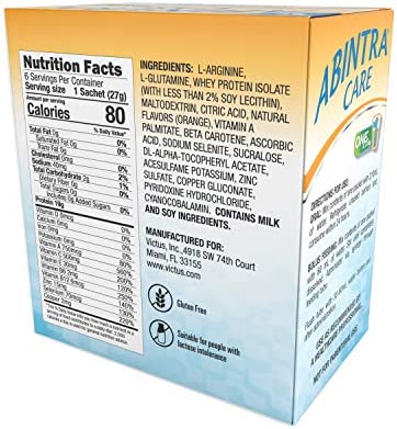 ABINTRA Care Specialized Nutrition for Immune Support, Provides Glutamine, Arginine and Whey Protein (Total 19g) + Vitamins and Minerals, Orange Flavor, 6 Packets, 27g Each, Made in The USA