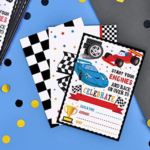 WERNNSAI Racing Car Party Invitation with Envelopes - 20 Count Race Car Party Supplies for Boys Birthday Baby Shower Graduation Fill-in Style Racing Invite Cards