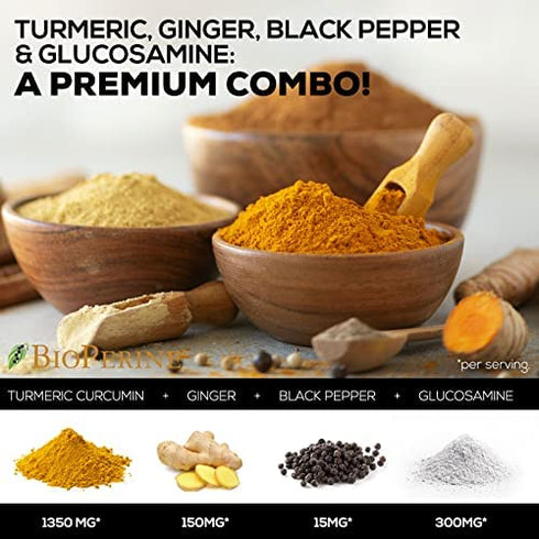 Turmeric Curcumin with Ginger & Glucosamine 2000mg with Black Pepper for Best Absorption, Joint Support, Made in USA, Natural Immune Support, Nature's Turmeric Supplement - 120 Veggie Caps