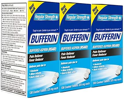 Bufferin Aspirin Pain Reliever/Fever Reducer Coated Tablets, Relieves Headache, Arthritis, Backache & Menstrual Cramps, Contains Antacids, 325mg, 130 Count (Pack of 3)