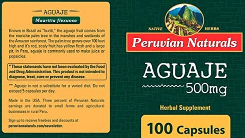 Aguaje 500mg - 100 Capsules - Peruvian Naturals | Moriche Palm Fruit Powder from Peru (Buriti in Brazil)
