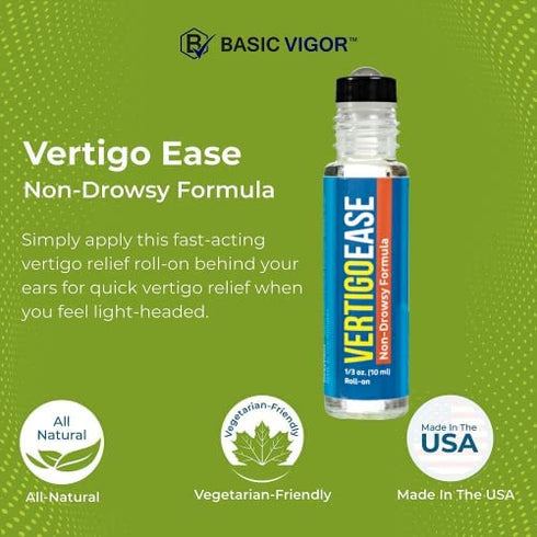 Basic Vigor Vertigo Ease Roll-On (10ml) - Natural & Fast-Acting Vertigo Relief, Nausea Relief & Dizziness Relief with Lavender, Ginger, Frankincense & Essential Oils - Combat Travel Sickness