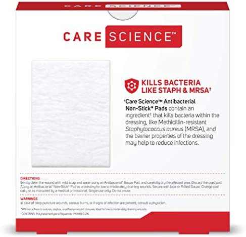 Care Science Antibacterial Non Adherent Pads, 3 in x 4 in, 8 ct | Non Stick Pads for Covering Wounds, Kills Staph & MRSA, Helps Prevent Infection