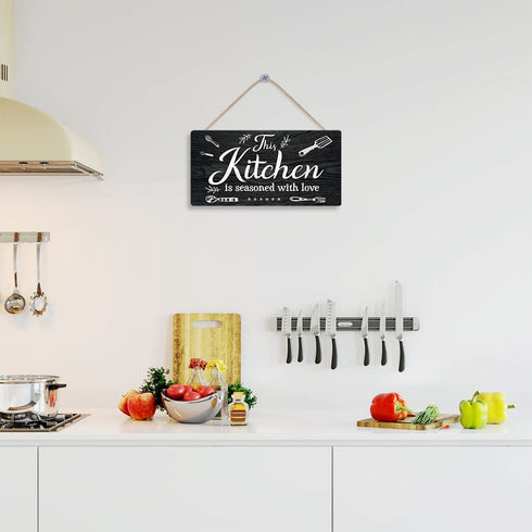 TOARTi Modern Kitchen Wood Hanging Sign Plaque, Kitchen is Seasoned with Love Wooden Hanger, Warming Saying Wall Art Sign for Kitchen, Restaurant, Farmhouse Decor (8''x16'')