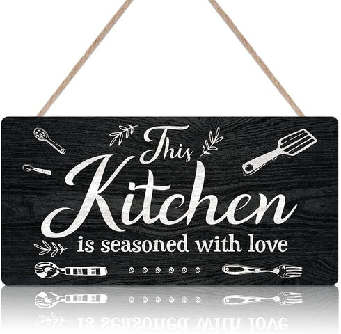 TOARTi Modern Kitchen Wood Hanging Sign Plaque, Kitchen is Seasoned with Love Wooden Hanger, Warming Saying Wall Art Sign for Kitchen, Restaurant, Farmhouse Decor (8''x16'')