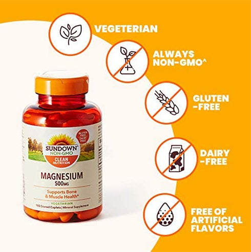 Sundown Magnesium Supplement, Non-GMO, Gluten-Free, Dairy-Free, Vegetarian, 500mg Coated Caplets, 180 Count, 6 Month Supply