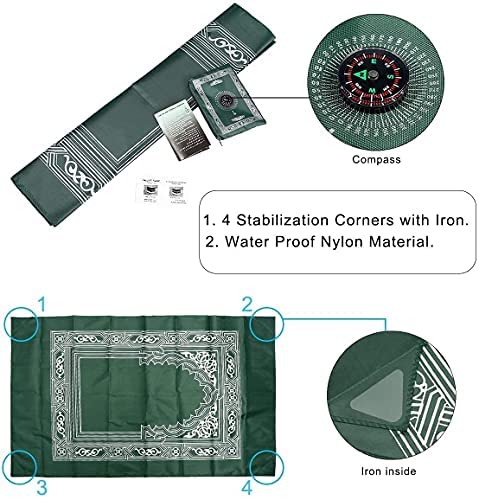 Hitopin Travel Prayer Mat, 60cm*100cm Praying Rug, Portable Polyester Prayer Rug with Compass, Islamic Waterproof Prayer Mat, Muslim Prayer Mat, for Ramadan Gifts, Islamic Prayer (Green)